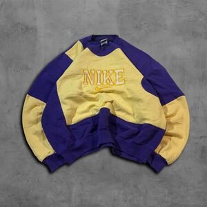 Vintage Baggy Purple Yellow Nike Streetwear Rework Style Crewneck Sweater